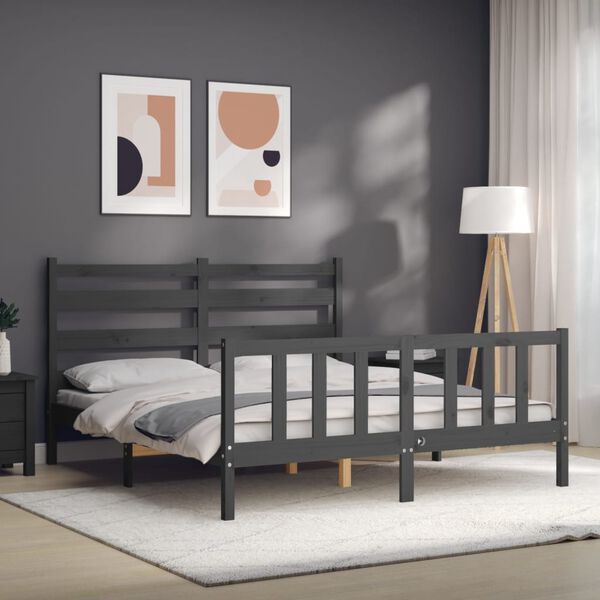 vidaXL Bed Frame without Mattress Grey King Size Solid Wood Pine
