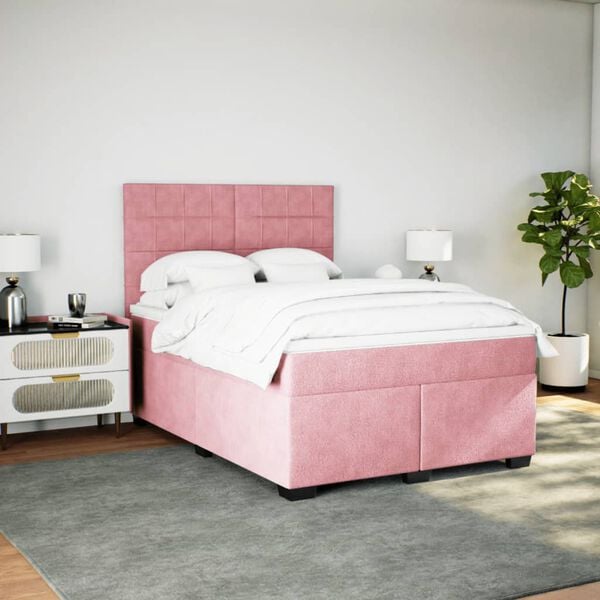 vidaXL Box Spring Bed with Mattress Pink 140x190 cm Velvet