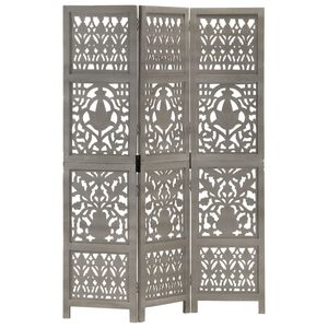 vidaXL Hand Carved 3-Panel Room Divider Grey 120x165 cm Solid Mango Wood