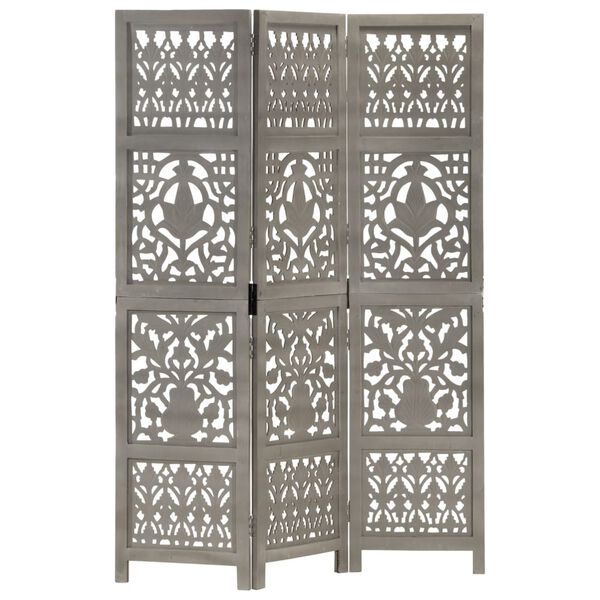 vidaXL Hand Carved 3-Panel Room Divider Grey 120x165 cm Solid Mango Wood