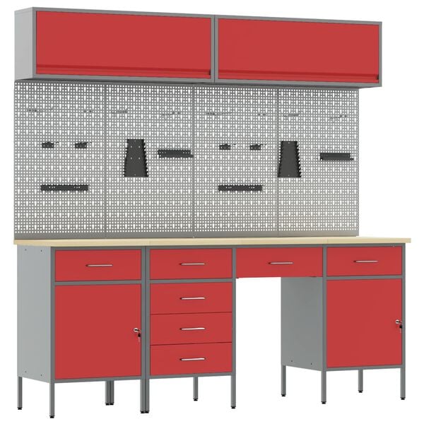 vidaXL Work Cabinet with Drawer 10 pcs Red Engineered Wood and Steel