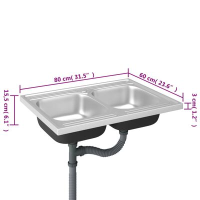 vidaXL Kitchen Sink with Double Basins Silver 800x600x155 mm Stainless Steel