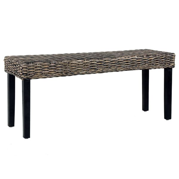 vidaXL Bench 110 cm Black Natural Kubu Rattan and Solid Mahogany Wood