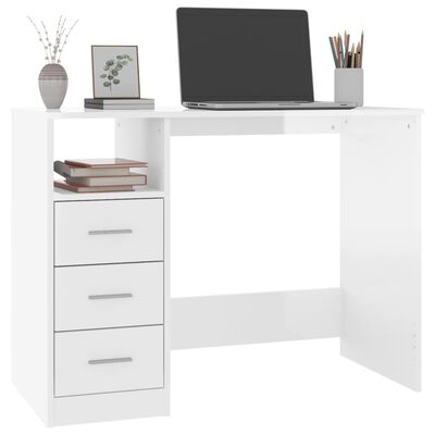 vidaXL Desk with Drawers High Gloss White 102x50x76 cm Engineered Wood