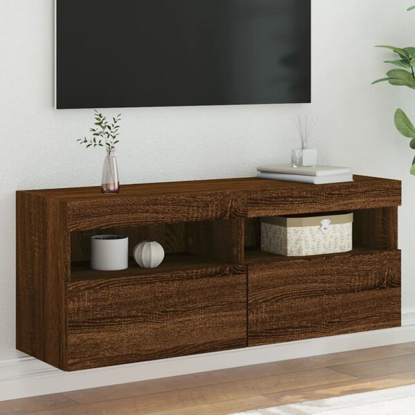 vidaXL TV Wall Cabinet with LED Lights Brown Oak 100x30x40 cm