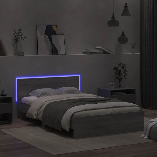 vidaXL Bed Frame with Headboard and LED Grey Sonoma 135x190 cm Double