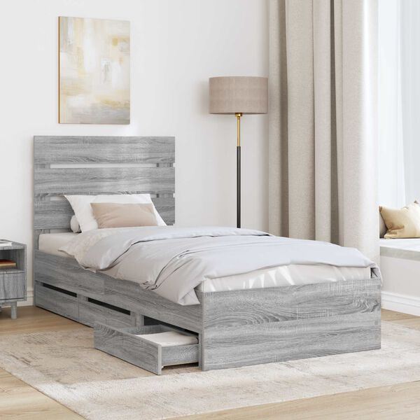 vidaXL Bed Frame with Drawer Grey Sonoma 90 x 190 cm Engineer Wood