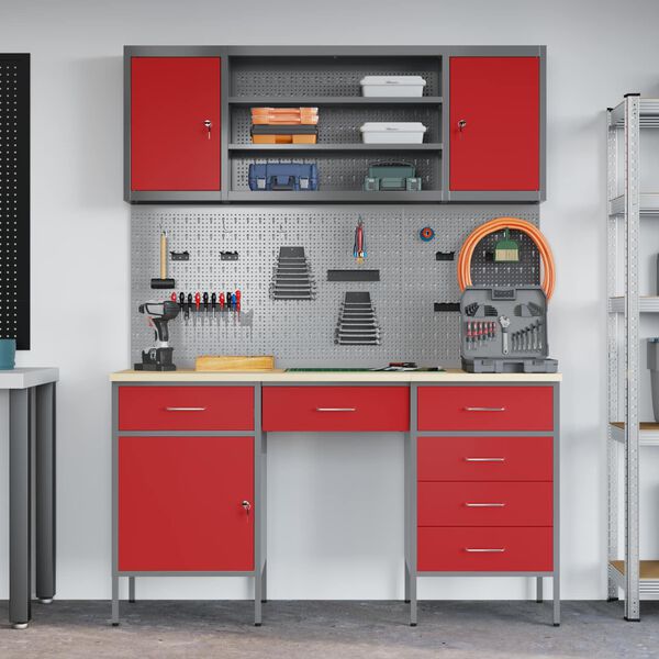 vidaXL Work Cabinet with Drawer 8 pcs Red Engineered Wood and Steel