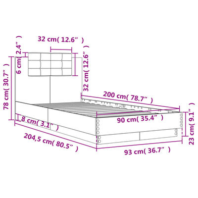 vidaXL Bed Frame with Headboard and LED Lights Grey Sonoma 90x200 cm