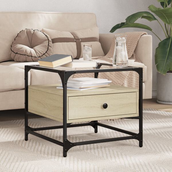 vidaXL Coffee Table with Glass Top Sonoma Oak 50x50x45 cm Steel
