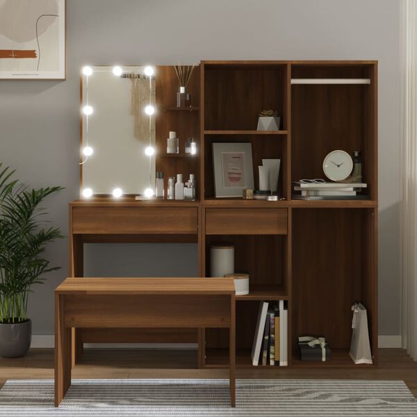vidaXL Dressing Table Set with LED Brown Oak Engineered Wood
