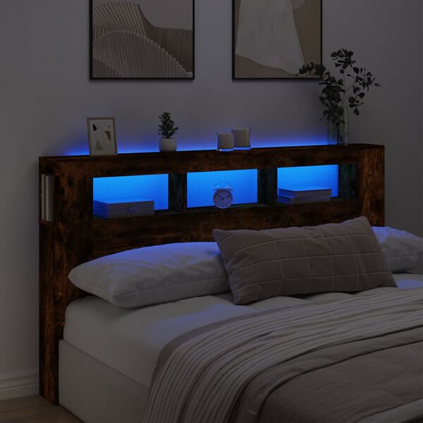 vidaXL LED Headboard Smoked Oak 180x18.5x103.5 cm Engineered Wood
