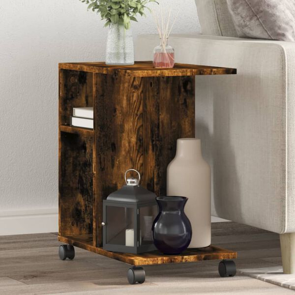 vidaXL Side Table with Wheels Smoked Oak 50x30x55 cm Engineered Wood
