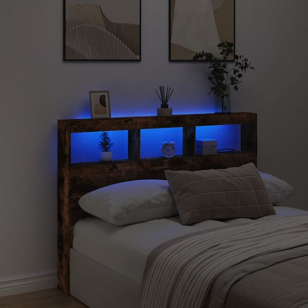 vidaXL Headboard Cabinet with LED Smoked Oak 140x17x102 cm