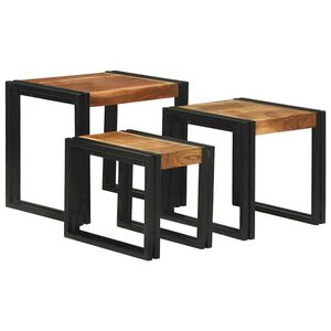 vidaXL Nesting Table 3 pcs Brown and Black Solid Acacia Wood and Metal