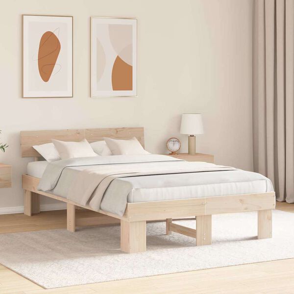 vidaXL Bed Frame with Headboard Natural 140 x 190 cm Solid Pine Wood