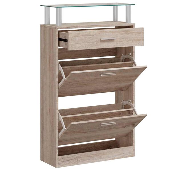 vidaXL Shoe Cabinet with a Drawer and a Top Glass Shelf Wood Oak Look