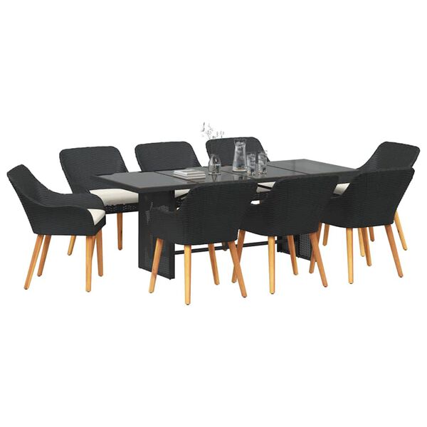 vidaXL Garden Dining Set with Cushion 9 pcs Black Poly Rattan