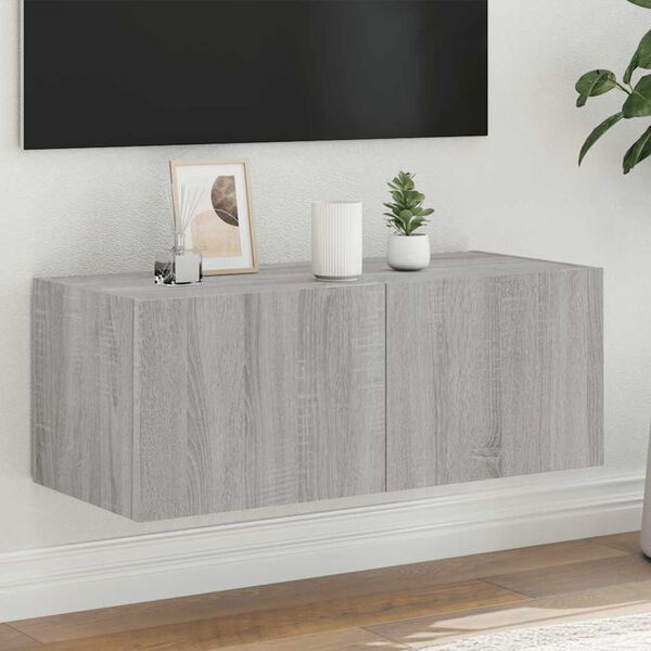 vidaXL TV Wall Cabinet with LED Lights Grey Sonoma 80x35x31 cm