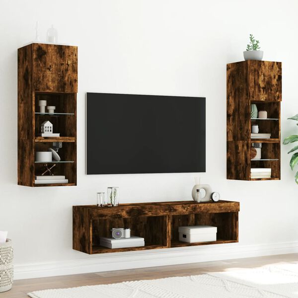 vidaXL TV Cabinets with LED Lights 2 pcs Smoked Oak 60x30x30 cm