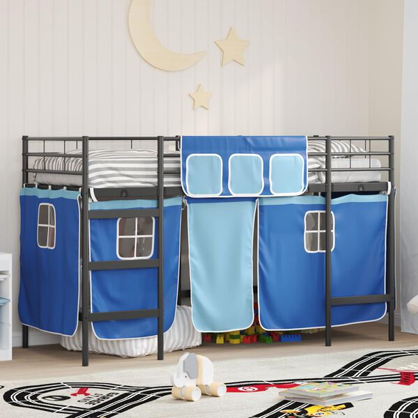vidaXL Kids'Loft Bed Frame with Curtains Black and Blue 100 x 190 cm