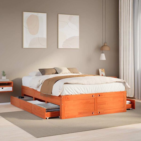 vidaXL Bed Frame without Mattress with Drawers Wax Brown 150x200 cm King Size Solid Wood Pine