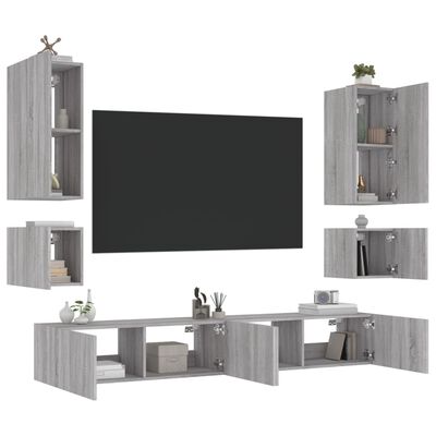 vidaXL 6 Piece TV Wall Cabinets with LED Lights Grey Sonoma