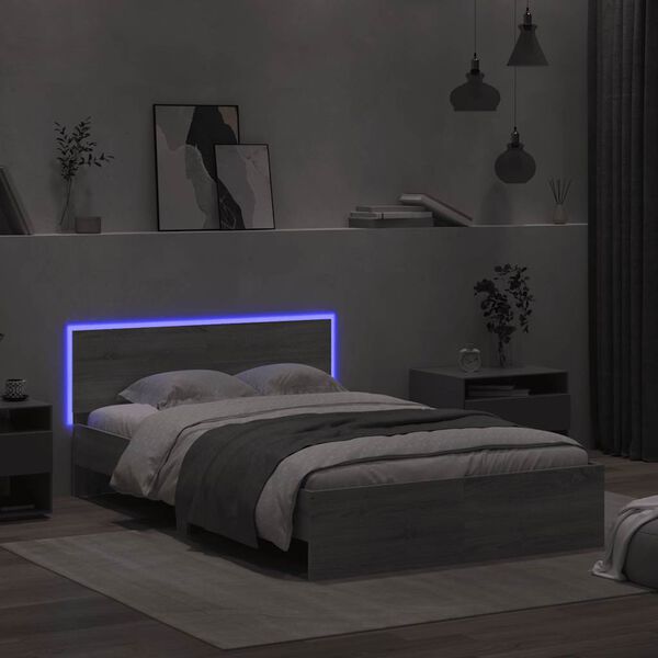 vidaXL Bed Frame with Headboard and LED Grey Sonoma 120x190 cm Small Double