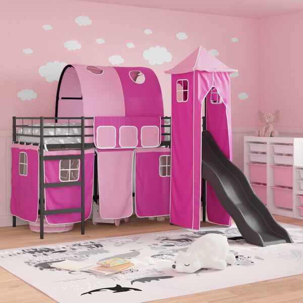 vidaXL Kids'Loft Bed Frame with Curtains, Arch, Slide, Tower
