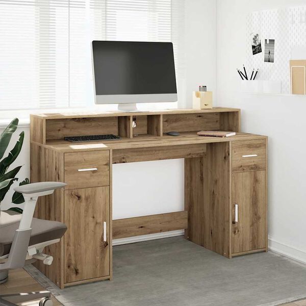 vidaXL Desk with LED Lights Artisian Oak 140x55x91 cm Engineered Wood