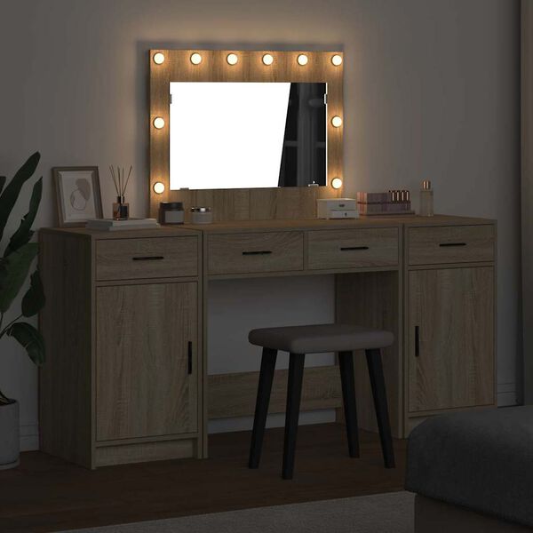 vidaXL Dressing Table with Mirror Lights 3 pcs Brown Engineered Wood