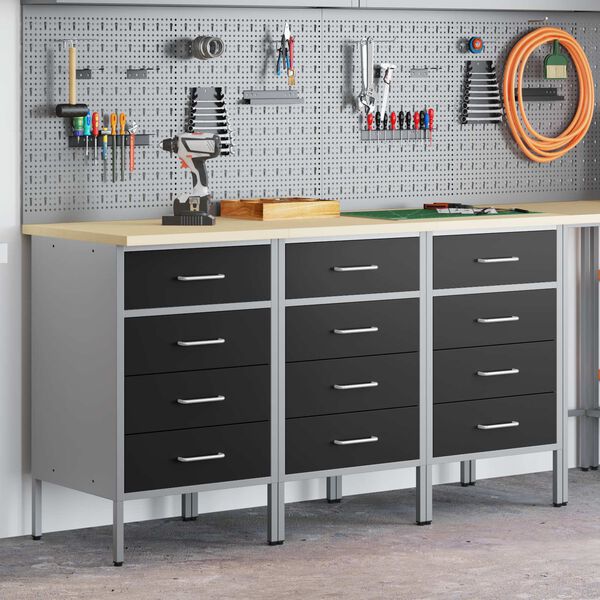 vidaXL Work Cabinet with Drawer 3 pcs Black and Grey 75 x 45 x 85 cm