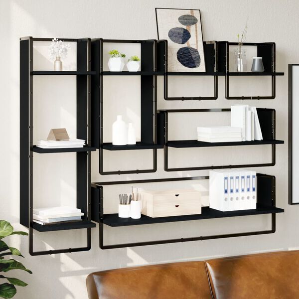 vidaXL 6 Piece Wall Shelf Set with Bars Black Engineered Wood