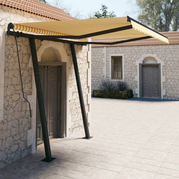 vidaXL Manual Retractable Awning with Posts 3x2.5 m Yellow and White