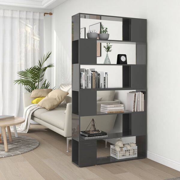 vidaXL Book Cabinet Room Divider High Gloss Grey 100x24x188 cm