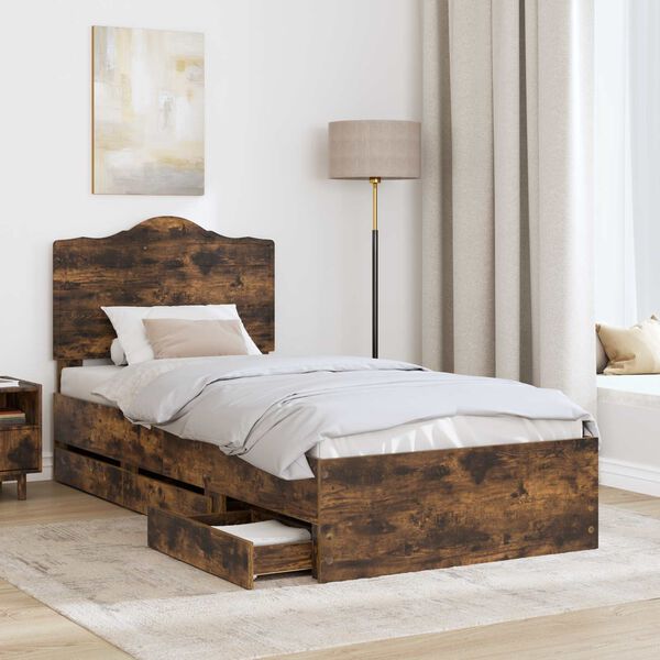 vidaXL Bed Frame with Drawer Smoked Oak 75 x 190 cm Engineer Wood