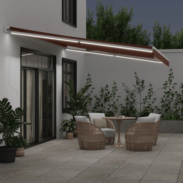 vidaXL Manual Retractable Awning with LED Brown 500x300 cm