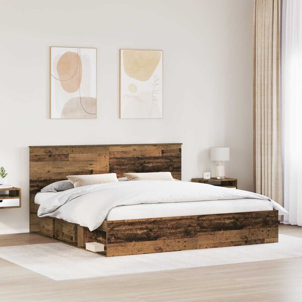 vidaXL Bed Frame with Headboard Old Wood 200 x 200 cm Solid Pine Wood
