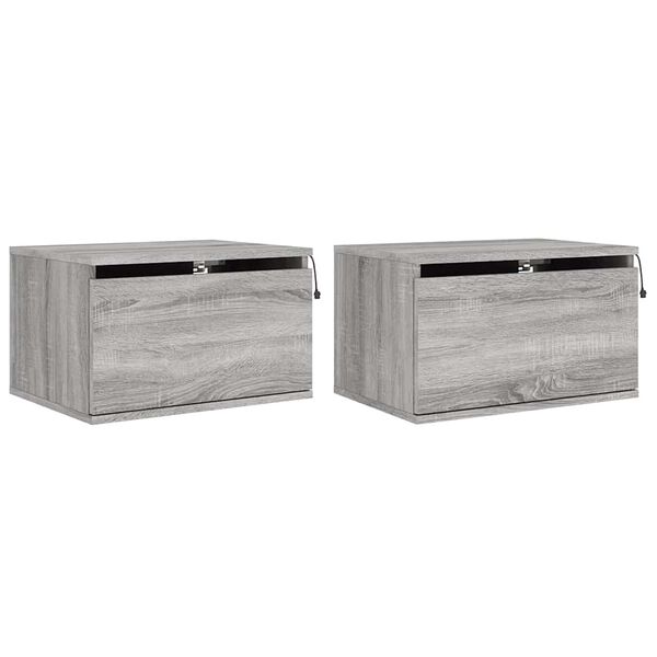 vidaXL Wall-mounted Bedside Cabinets with LED Lights 2 pcs Grey Sonoma