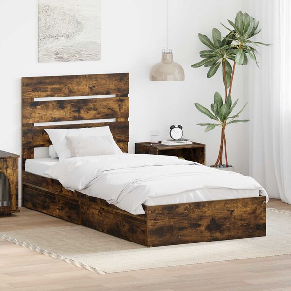 vidaXL Storage Bed with Drawer Smoked Oak 90 x 190 cm Engineered Wood
