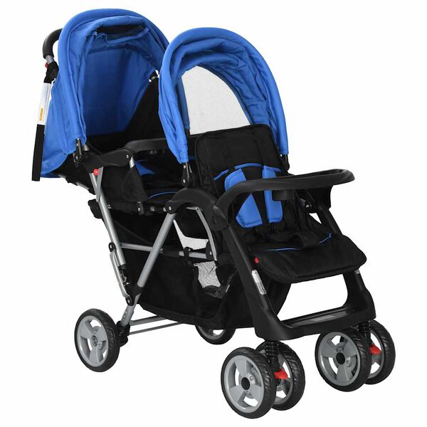 vidaXL Tandem Stroller Steel Blue and Black