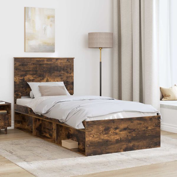 vidaXL Bed Frame with Headboard Smoked Oak 90 x 190 cm Solid Pine Wood