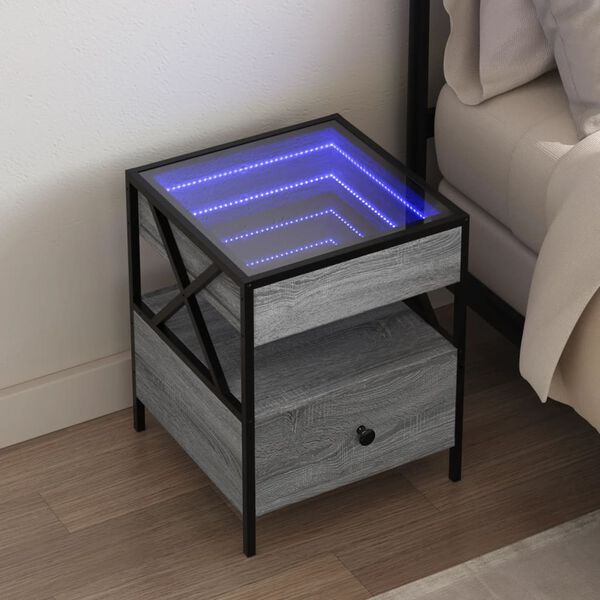 vidaXL Bedside Table with Infinity LED Grey Sonoma 40x40x51 cm