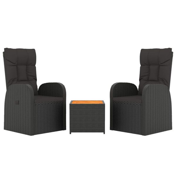 vidaXL 3 Piece Garden Lounge Set Black Poly Rattan&Solid Wood Acacia
