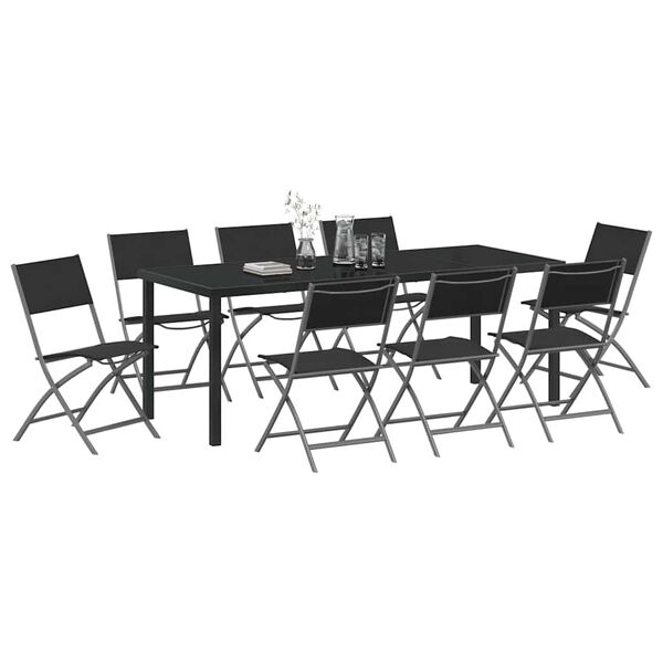 vidaXL Garden Dining Set Folding 9 pcs Black Powder-Coated Steel