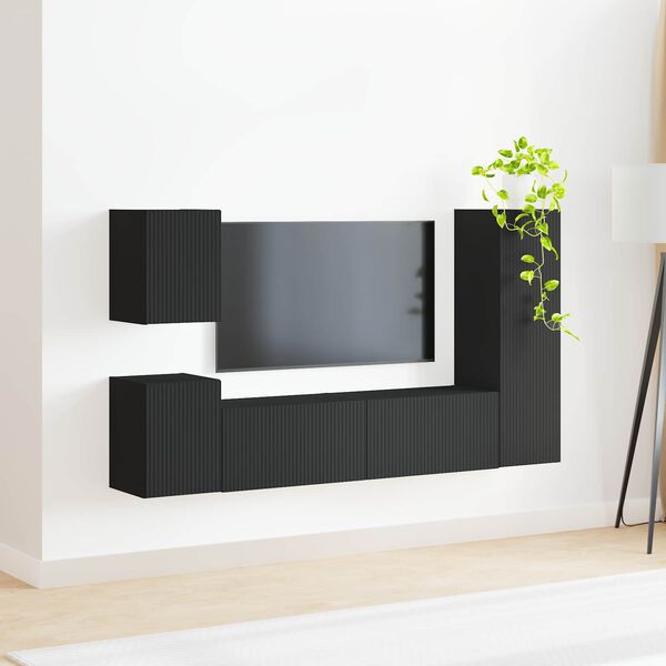 vidaXL TV Cabinet Set Wall-mounted 4 pcs Black Engineered Wood