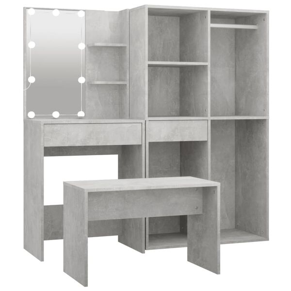 vidaXL Dressing Table Set with LED Concrete Grey Engineered Wood