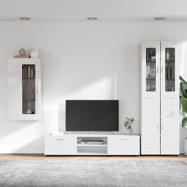 vidaXL TV Cabinet Set with Drawer High Gloss White Engineered Wood