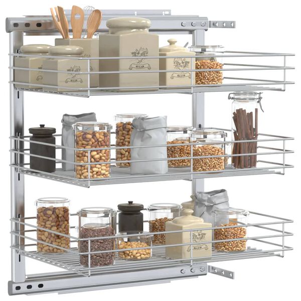 vidaXL 3-Tier Pull-out Kitchen Wire Basket Silver 47x35x56 cm