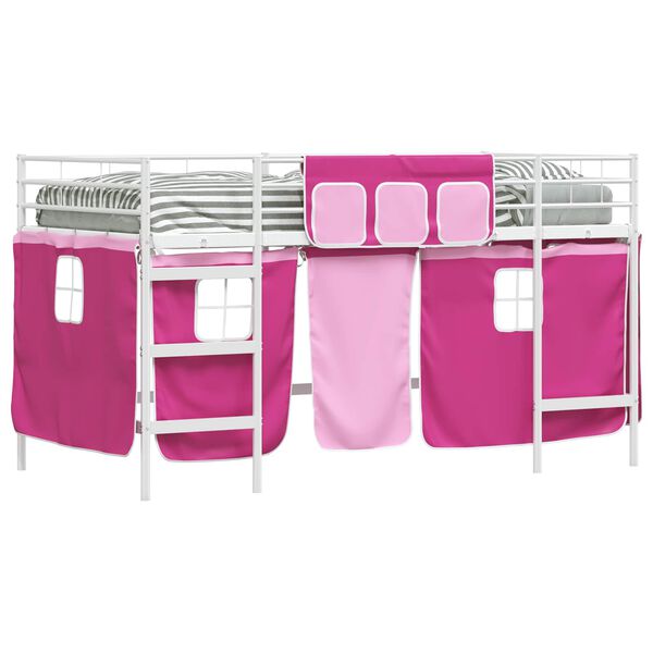 vidaXL Kids'Loft Bed Frame with Curtains White and Pink 107 x 201 cm